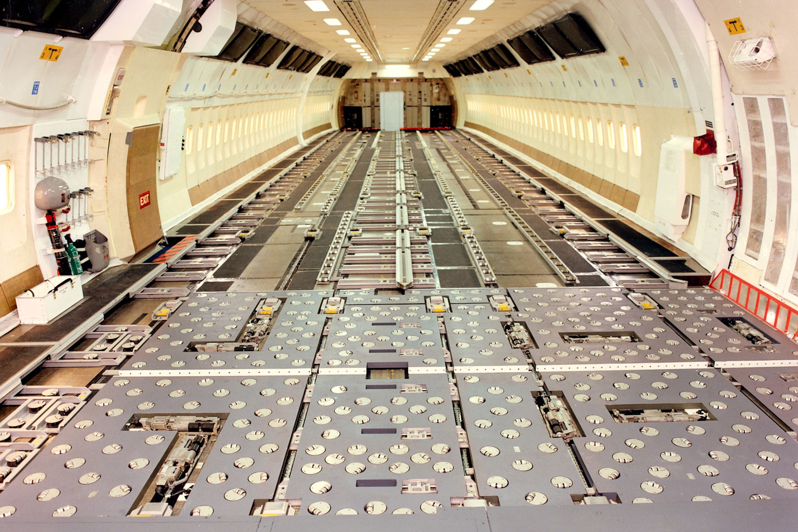 The interior of a L-1011 TriStar aircraft following a comprehensive passenger-to-freighter modification